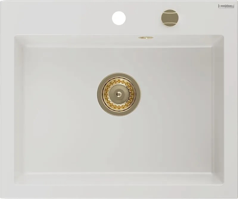 Mexen Elix granieten spoelbak 1-komorige 600 x 500 mm, wit, gouden sifon - 6525601005-20-G