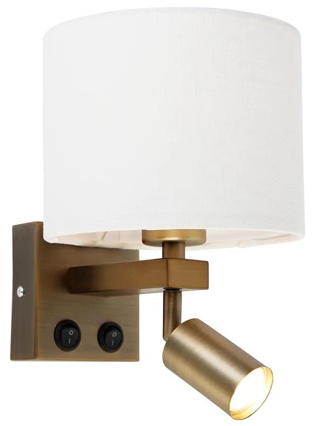 Wandlamp brons met leeslamp en katoenen kap 18 cm wit - Brescia Modern E27 vierkant Binnenverlichting Lamp