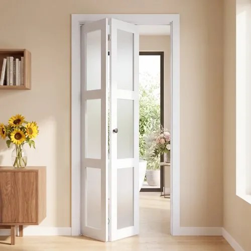 VEVOR vouwdeur complete set 914 mm (twee 457 mm) x 2032 mm matglas, voor kledingkasten en slaapkamers, dubbele vouwschuifdeur met metalen beslag en composiet frame, stijlvol en ruimtebesparend, wit