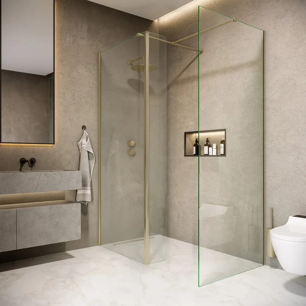 Saniclear Rivo inloop douchecabine 140x80cm met 40cm zijwand en 60cm vrije inloop geborsteld messing - mat goud