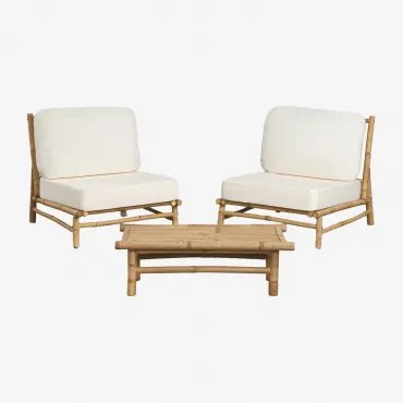Tuinset Met 2 Fauteuils En Een Rechthoekige Bijzettafel 75x40 Cm Van Bamboe Isendra Stof Wit - Sklum