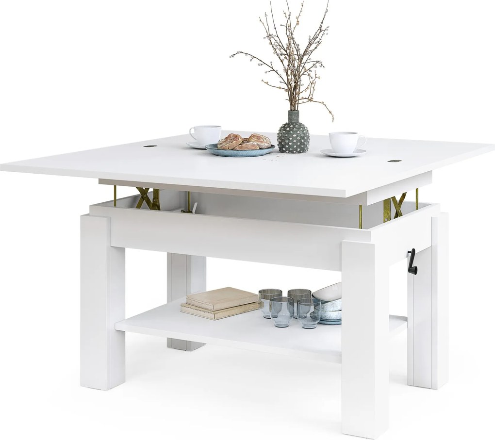 BRAVO wit – uitschuifbare en in hoogte verstelbare salontafel, tafel met plank