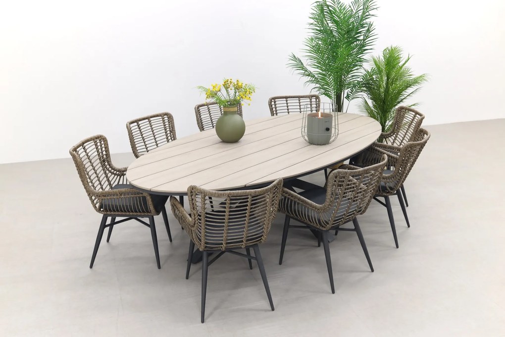 Jasmine Naturel/GI Edison 8-persoons ovale dining tuinset 280x140 cm.