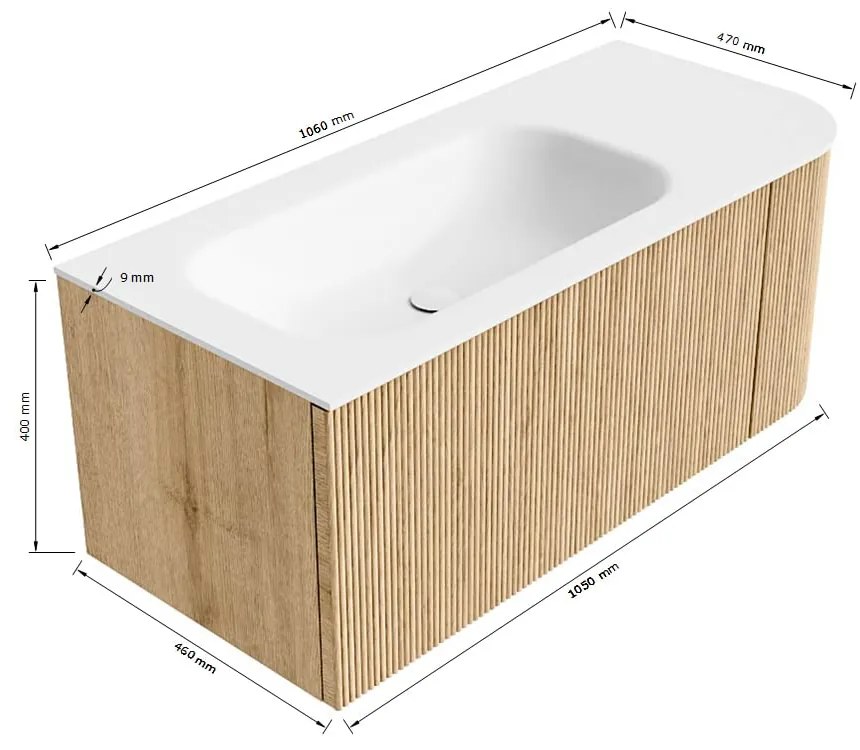Mondiaz Kurve 105cm badmeubel ronding rechts ruby met 1 lade en deur en wastafel big small kraangat links urban