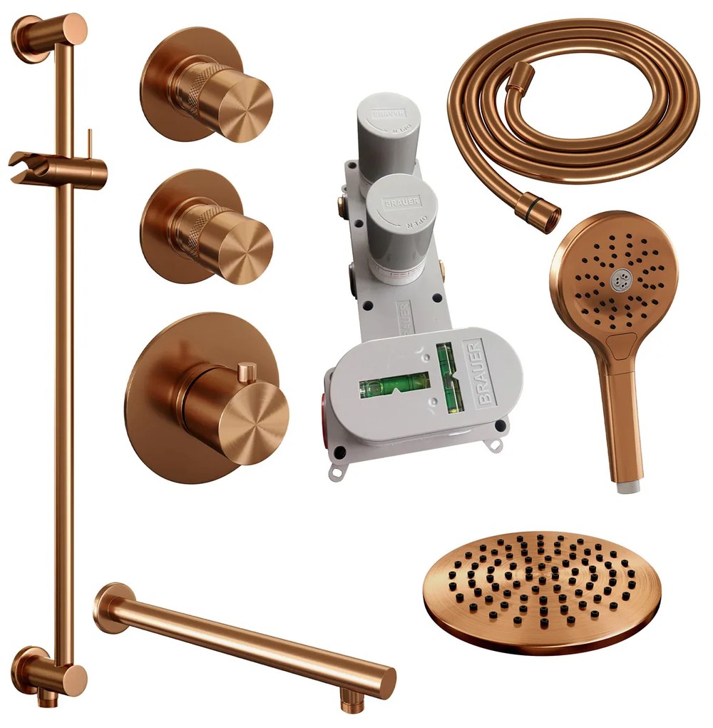 Brauer Copper Edition complete inbouw regendouche met 3 standen handdouche, rechte wandarm, glijstang en hoofddouche 20cm set 19 koper geborsteld PVD