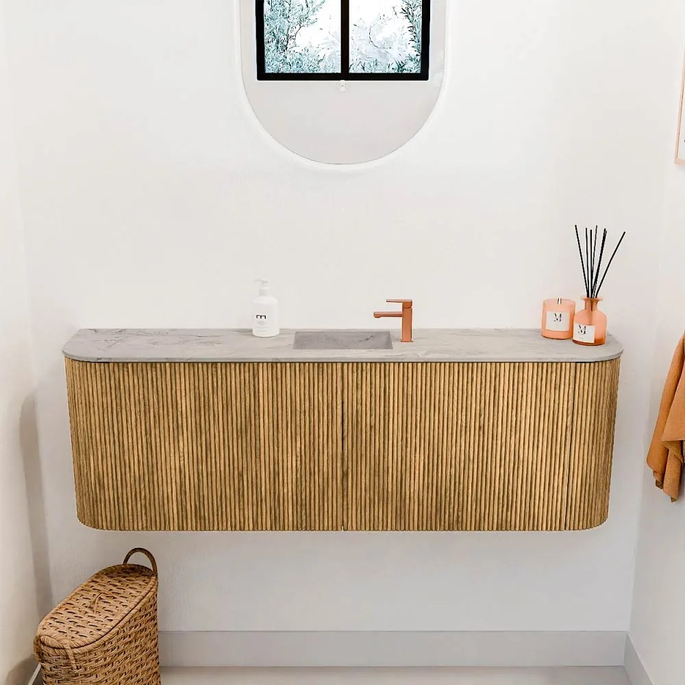 Mondiaz Joya DLux 125cm toiletmeubel ronding links/rechts oak met wastafel faye midden 1 kraangat glace