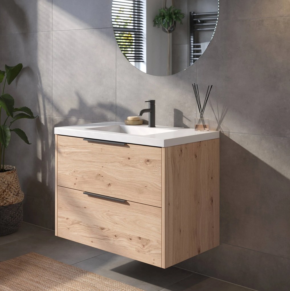 Saqu Lima badmeubel incl. glans witte wastafel 80x52x64cm naturel eiken – mat zwarte greep