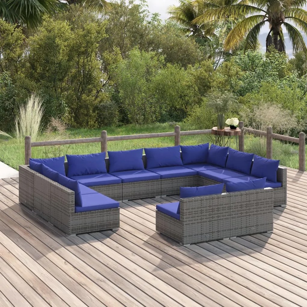 vidaXL 11-delige Loungeset met kussens poly rattan grijs