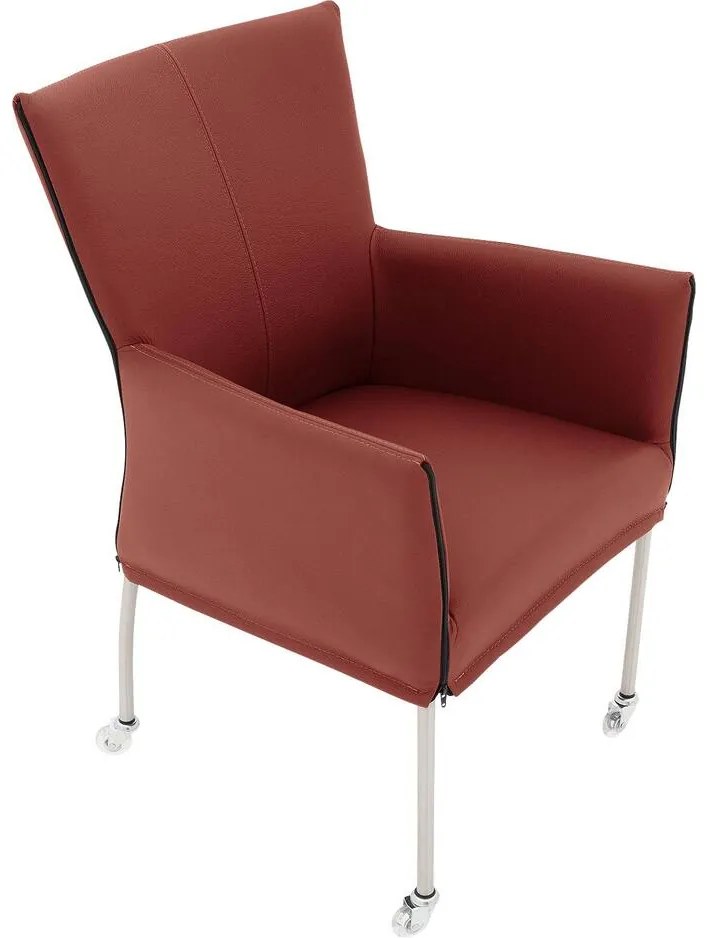 Goossens Eetkamerstoel Funk RVS Poten rood leer met armleuning en Transparant skater wiel met rvs kapmet wielen, modern design