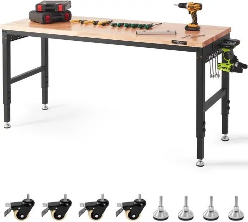 VEVOR Verstelbare Werkbank Tafelblad, Afmetingen: 1829 x 635 mm, Verstelbare Hoogte: 71,1–100,3 cm, Max. Belasting: 1361 kg, Tafel met Stopcontacten, Houten Blad voor Kantoor, Thuis, Garage