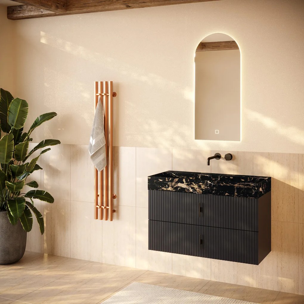 Muebles Murcia badmeubel ribbelfront 100cm antraciet met Portoro Gold wastafel zonder kraangat