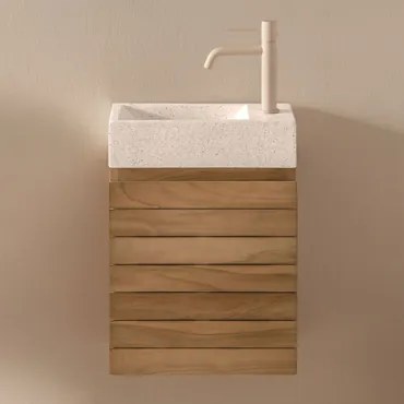 Conjunto Vaniteitmeubel Zwevend Van Teakhout Met Geïntegreerde Wasbak Van Napier-cement Teakhout & Spiegelloze & Tapioca Beige ↑20 - Sklum