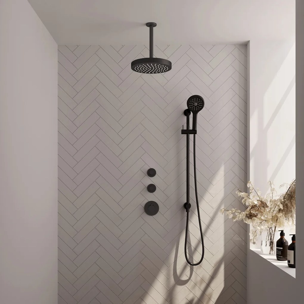 Brauer Stripe inbouw regendouche met 25cm hoofddouche, plafondarm en 3 standen handdouche en glijstang set 12 zwart mat