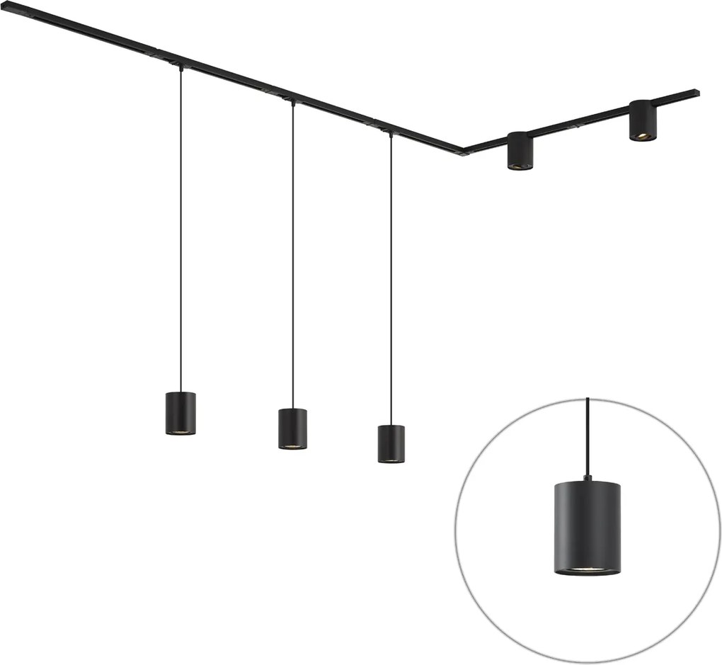 Modern railsysteem black met 3 hanglampen en 2 spots 1-fase - Iconic Holt Rondoo Up