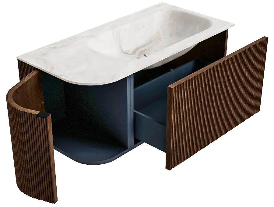 Mondiaz Kurve-dlux 95cm badmeubel ronding links walnut met 1 lade en deur en wastafel big small rechts zonder kraangat frappe