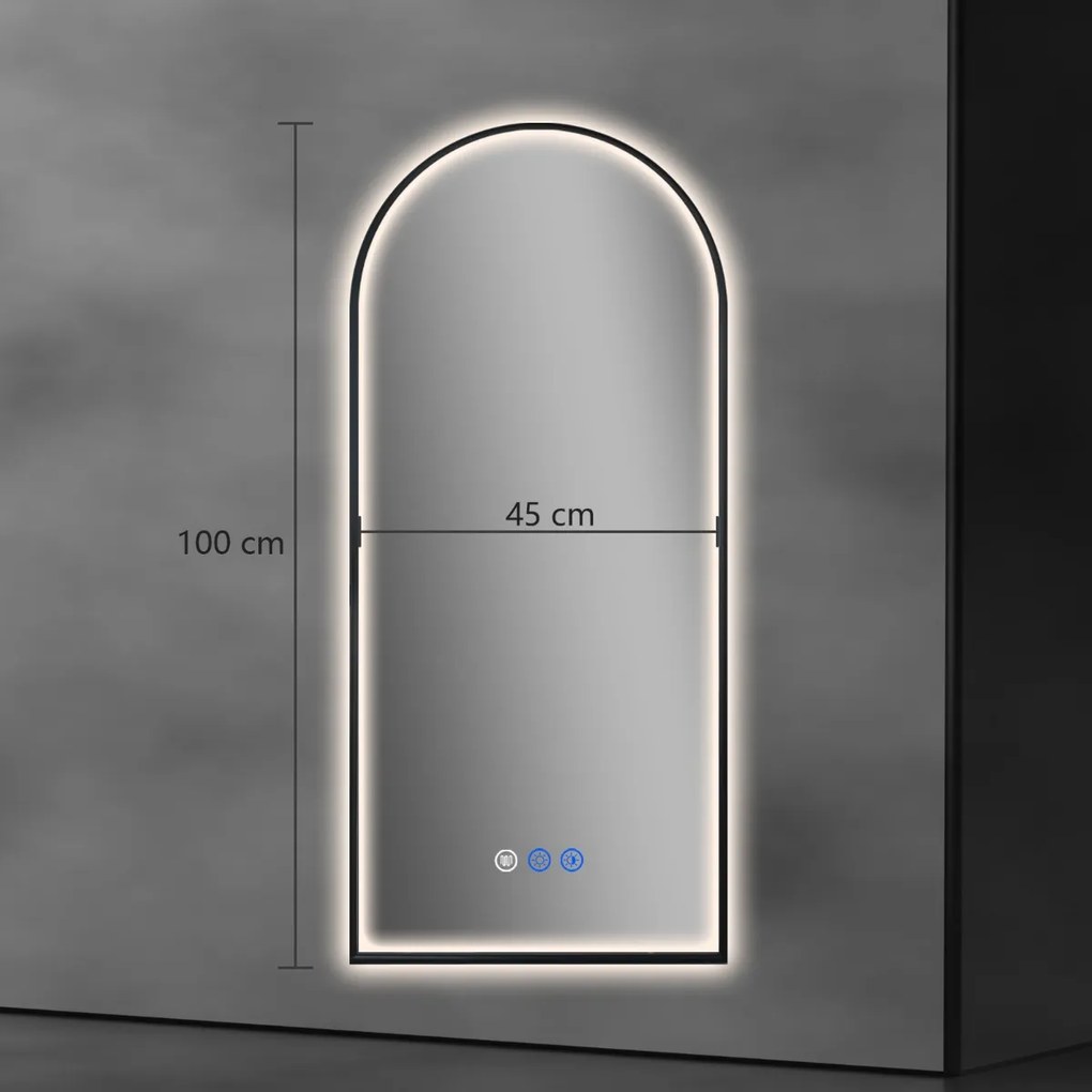 Saniclear Arc toog spiegel met zwarte lijst 45x100cm met verwarming, direct en indirect licht