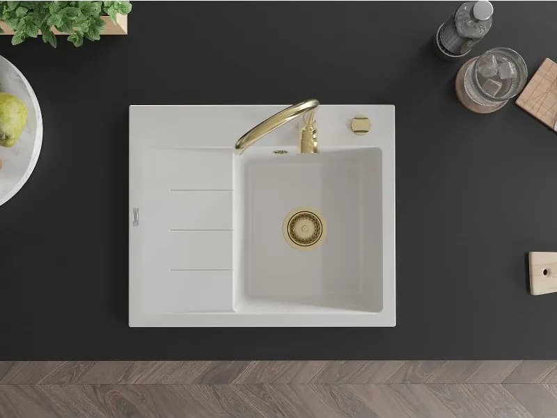 Mexen Ben granitische spoelbak met 1 bak en afdruiprek, rechts 600 x 500 mm, wit, gouden sifon - 6523605000-20-G