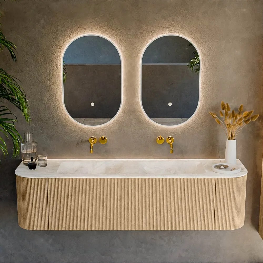 Mondiaz Kurve-dlux 170cm badmeubel ronding links/rechts oak met 1 lade en 2 deuren en wastafel leaf dubbel zonder kraangat frappe