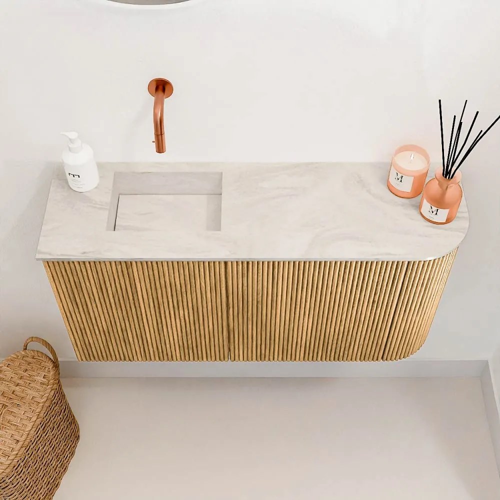 Mondiaz Joya DLux 80cm toiletmeubel ronding rechts oak met wastafel faye links zonder kraangat ostra