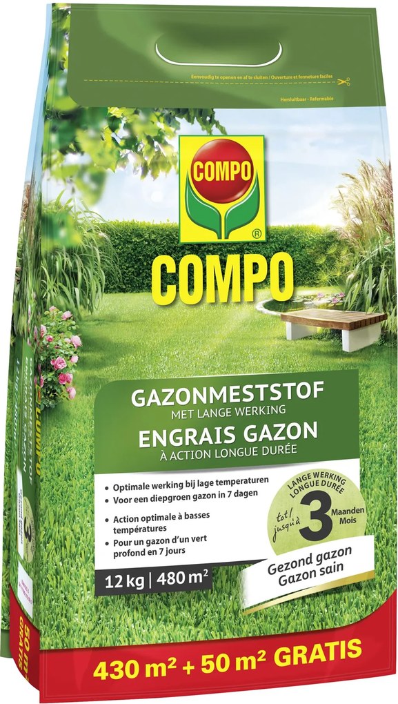 COMPO Gazonmeststof 12kg voor 480 m² - Lange Werking - milieuvriendelijke meststof - werking 100 dagen