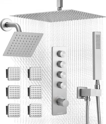 VEVOR Douchesysteemset met 16 inch regendouchesysteem / 6 inch wandmontagekop / handdouche / 6 body spray, dubbele regenkop, messing klepafwerkingsset, geborsteld nikkel