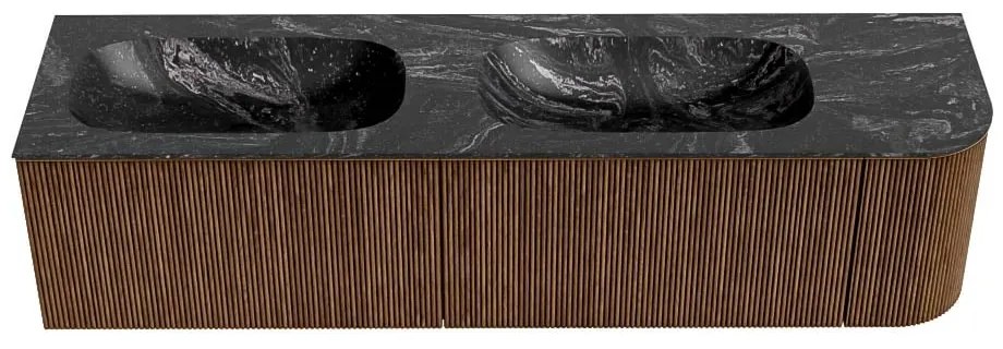 Mondiaz Kurve-dlux 175cm badmeubel ronding rechts walnut met 2 lades en 1 deur en wastafel stor small dubbel/links 2 kraangaten lava