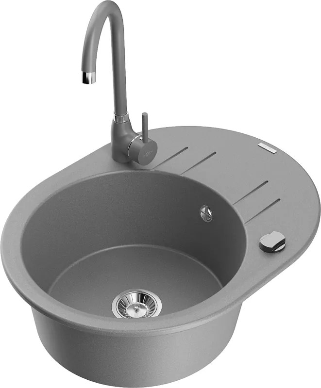 Mexen Kevin 1-komorige granieten gootsteen met afdruiprek en Telma keukenmengkraan, grijs - 6517-71-670200-71