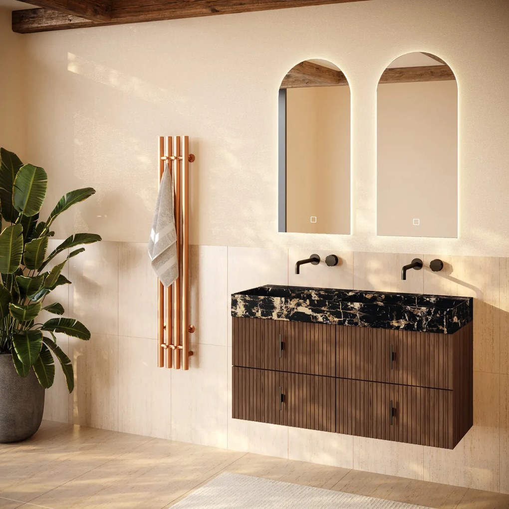 Muebles Murcia badmeubel ribbelfront 120cm walnoot met Portoro Gold wastafel zonder kraangaten