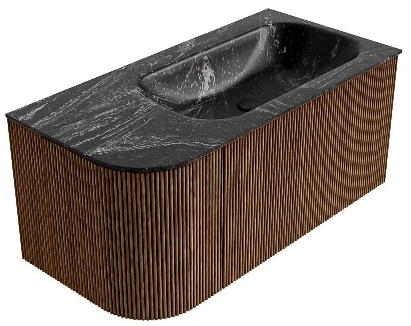 Mondiaz Kurve-dlux 95cm badmeubel ronding links walnut met 1 lade en deur en wastafel big small rechts zonder kraangat lava