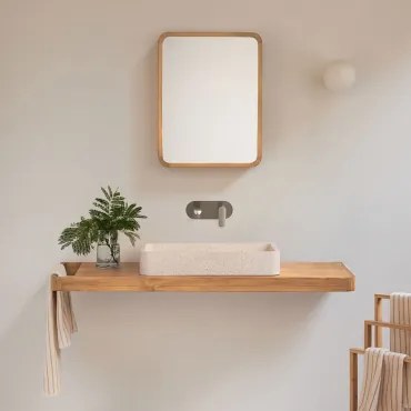 Conjunto Van Meubel 130x45 Cm Hangend In Teakhout Neill Teakhout & Geborsteld Grijs Ingebed Met Aftapkraan Zonder Overloop Alameda & Rechthoekig Met A