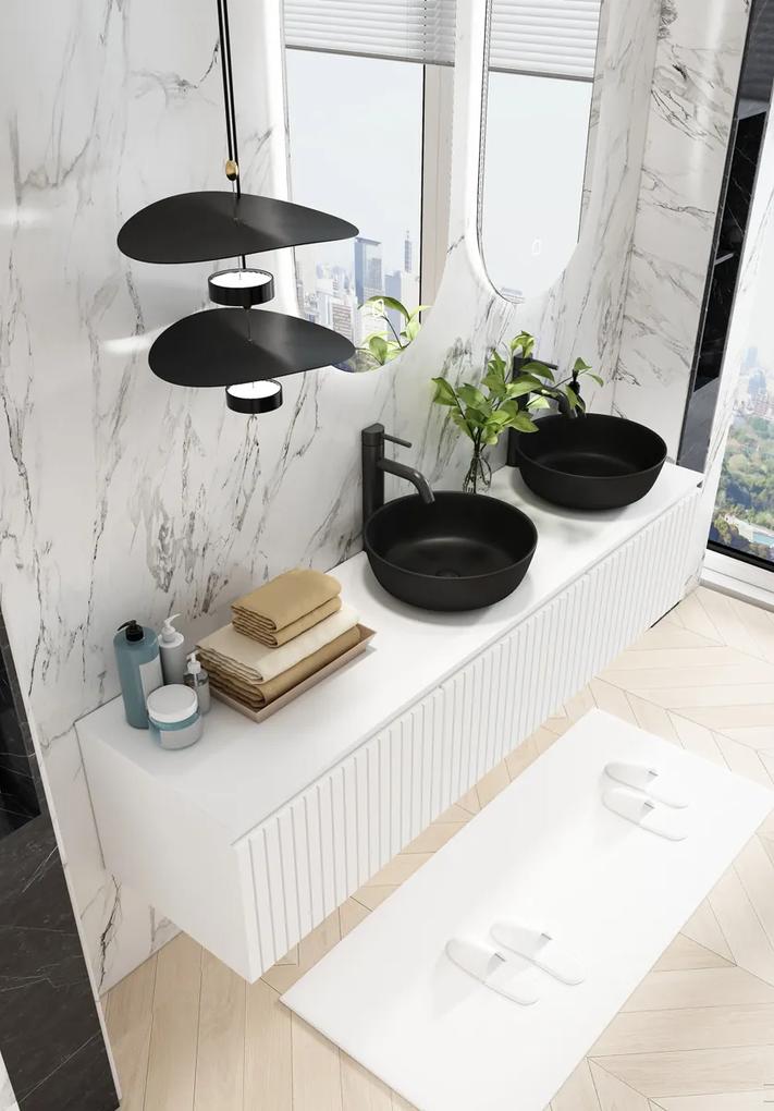 Fontana Stripe mat wit badmeubel ribbelfront 180cm met zwarte waskommen en ovale LED spiegels