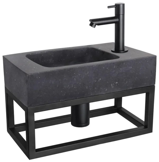 Differnz Bombai fonteinset - 40x22x9cm - Rechthoek - 1 kraangat - Recht matte zwarte kraan - met zwart frame - Natuursteen Zwart SW373151/SW519660/SW529054/SW533192/SW796275