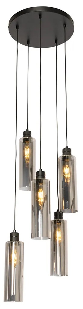 Smart hanglamp zwart met smoke glas 5-lichts incl. Wifi A60- Stavelot E27 rond Binnenverlichting Lamp