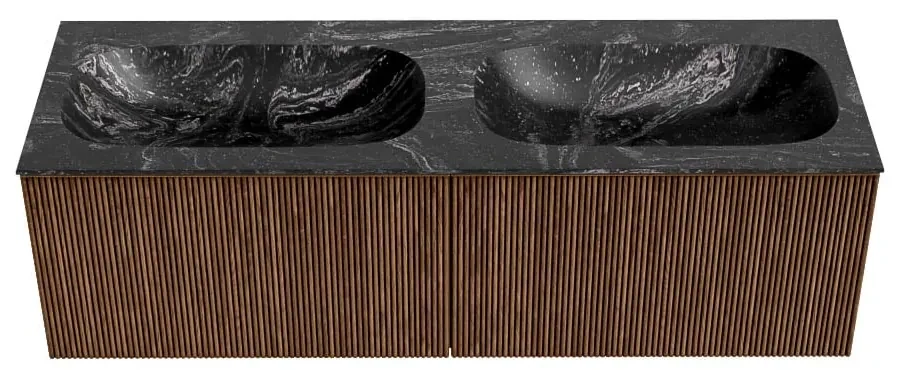 Mondiaz Kurve-dlux 140cm badmeubel walnut met 2 lades en wastafel stor small dubbel zonder kraangat lava