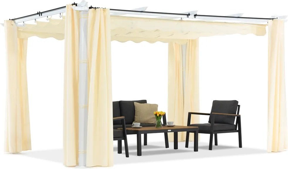 Barbados terraspergola 3x4 m met Garden Point gordijnen wit en beige