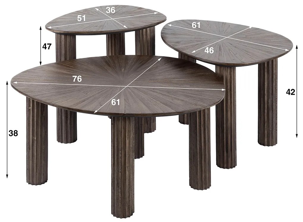 Salontafel Set Bruin Teakhout 3-delig - 76 X 61cm.