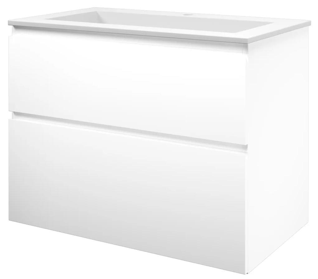 Elegant badmeubel met polystone wastafel met 1 kraangat en onderkast a-symmetrisch - Mat wit/ Mat wit - 80x46cm (bxd)
