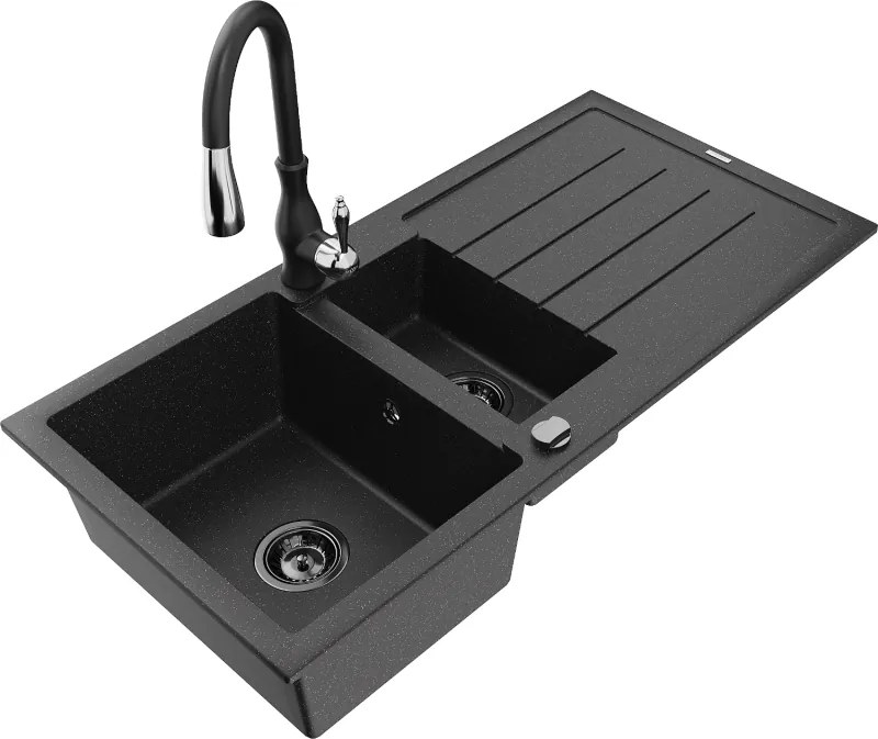 Mexen Andres granieten spoelbak 1,5-komers met afdruiprek en keukenkraan Savita, zwart/zilver - 6515-73-672601-70-B