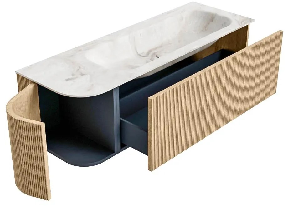 Mondiaz Kurve-dlux 135cm badmeubel ronding links oak met 1 lade en deur en wastafel big medium rechts zonder kraangat frappe