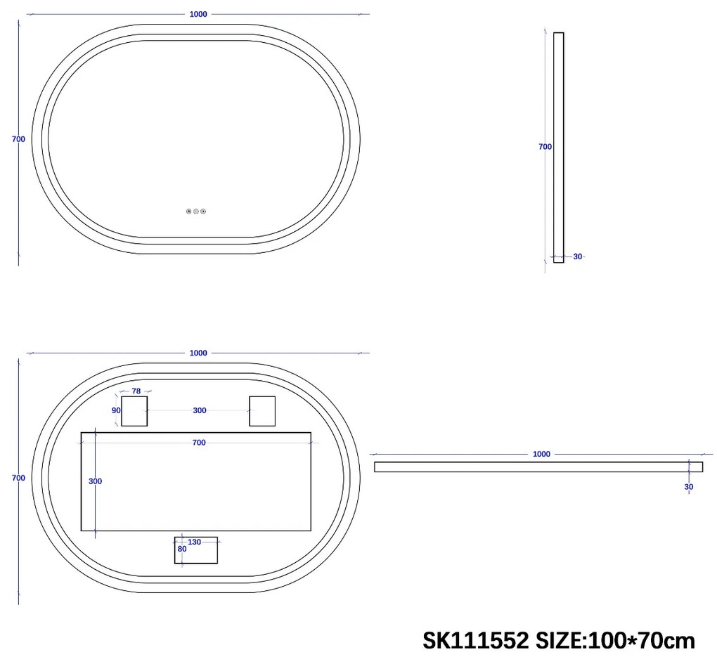 Saniclear Triova ovale spiegel 100x70cm met verwarming, directe en indirecte verlichting