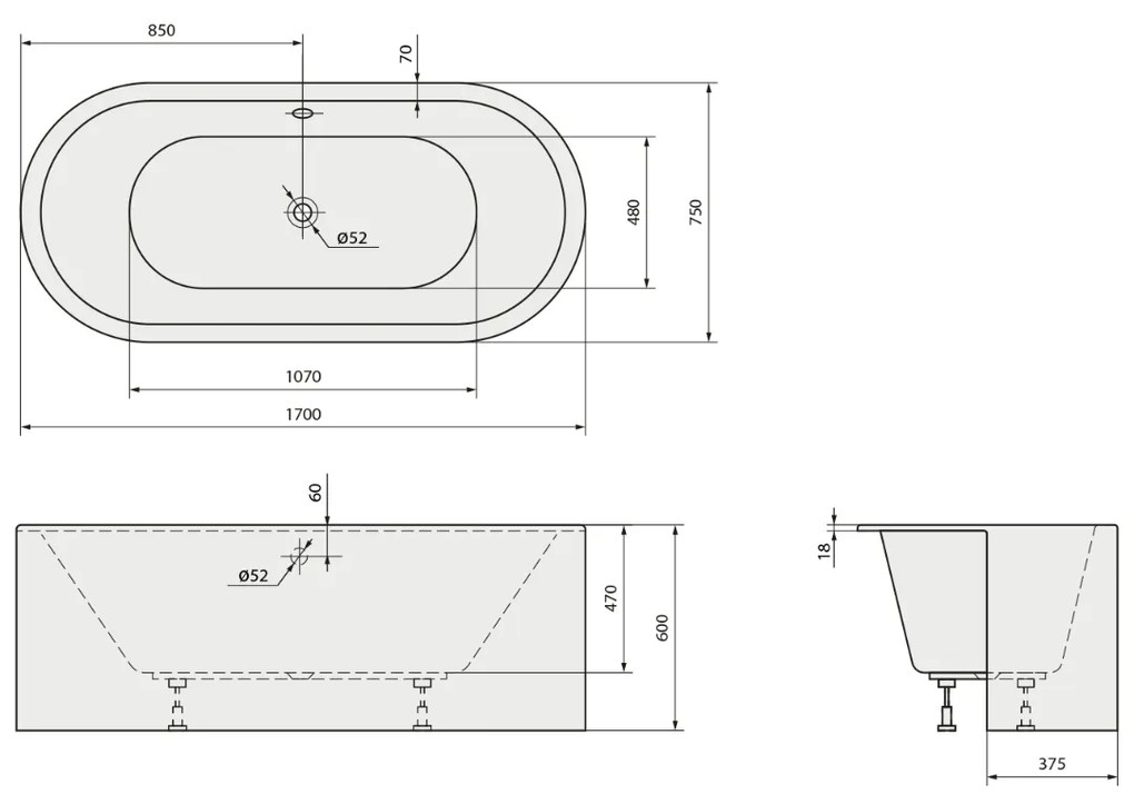 Polysan Viva Monolith half vrijstaand inbouwbad 170x75x60cm wit