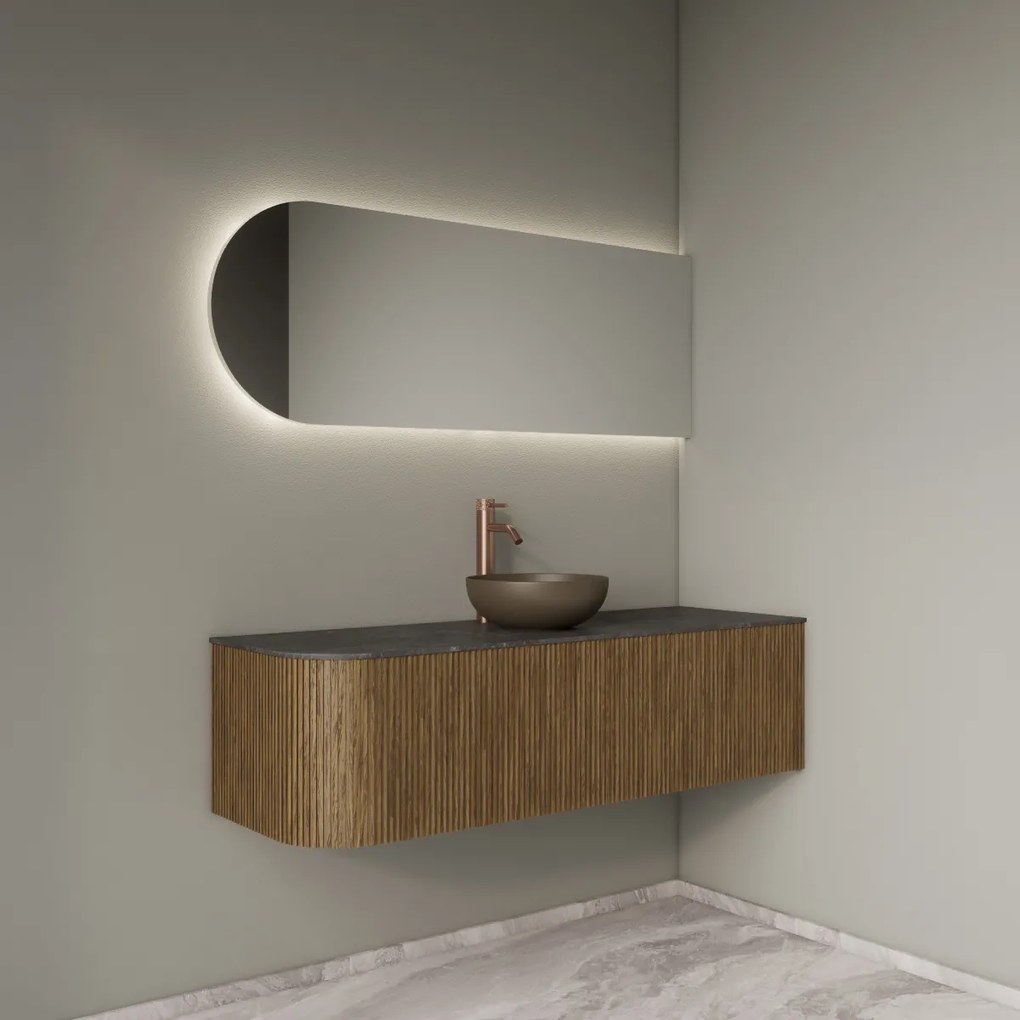 Gliss Design Alluro badmeubel ribbelfront met ronding links 140cm castle brown en zwart leisteen toppaneel