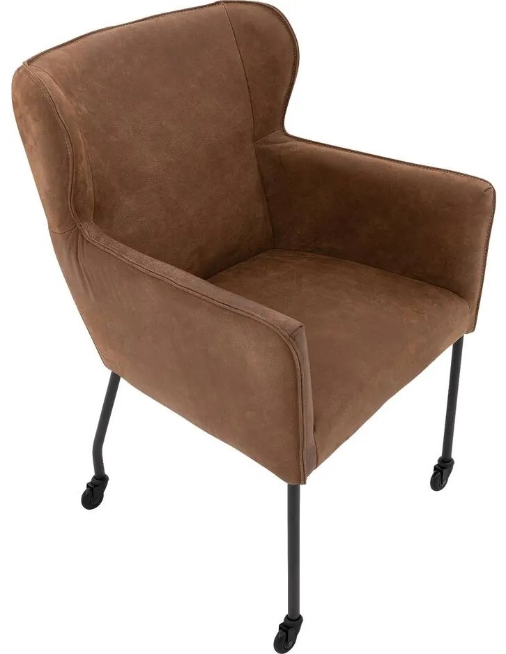 Goossens Excellent Eetkamerstoel Leogang bruin leer met armleuning en Zwart skater wiel met zwarte kapmet wielen, elegant chic