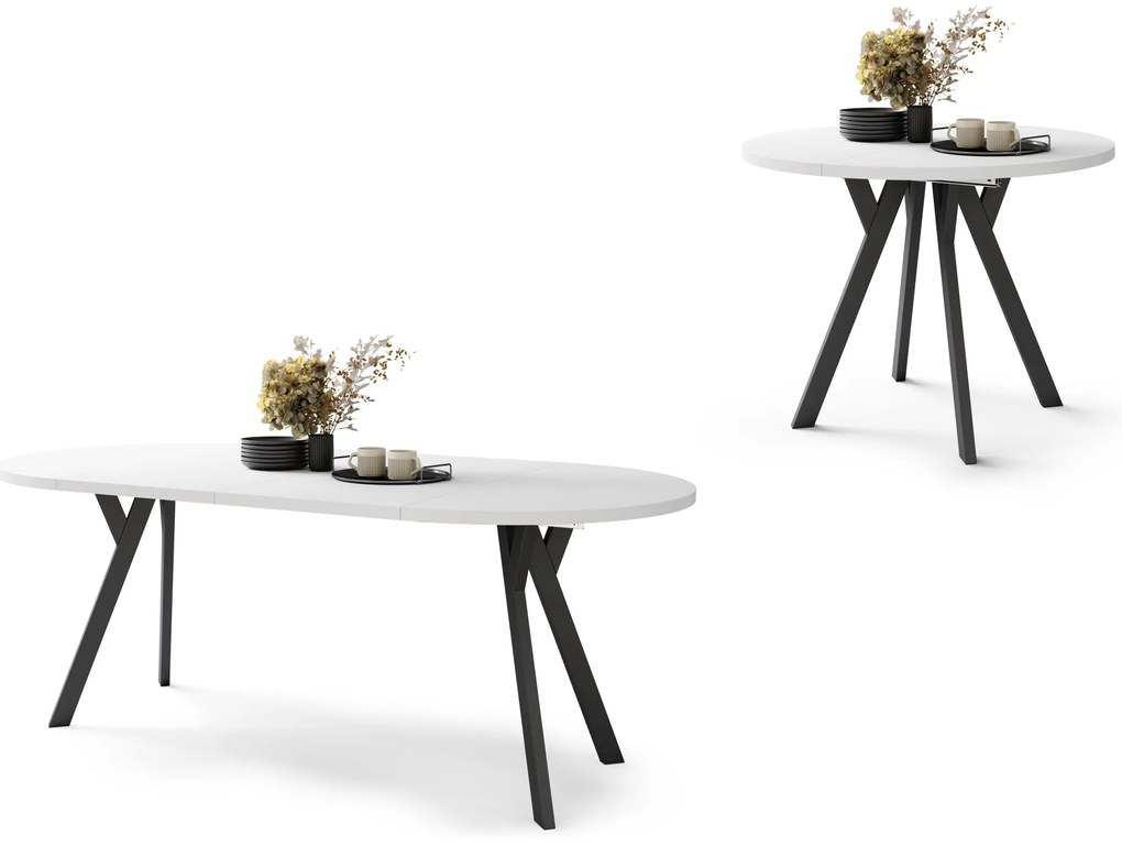 ALMO 100 Wit Mat/Zwarte poten - RONDE LOFT/INDUSTRIËLE TAFEL VOOR WOONKAMER/EETKAMER, UITSCHUIFBAAR