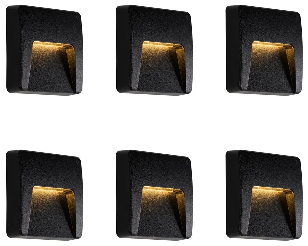 Set van 6 buiten wandlampen zwart vierkant incl. LED IP65 - Gem