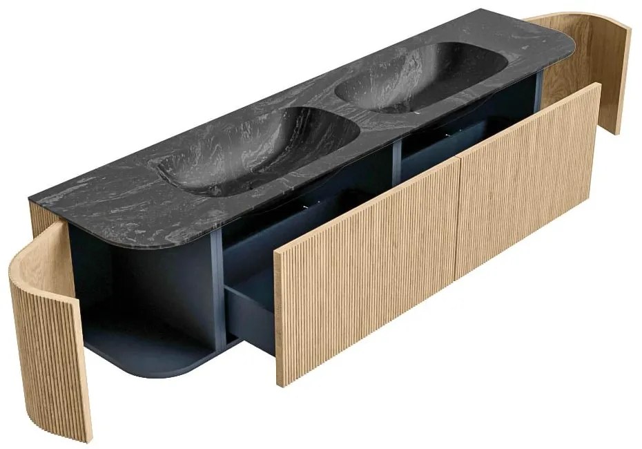 Mondiaz Kurve-dlux 190cm badmeubel ronding links/rechts oak met 2 lades en deuren en wastafel stor small dubbel 2 kraangaten lava