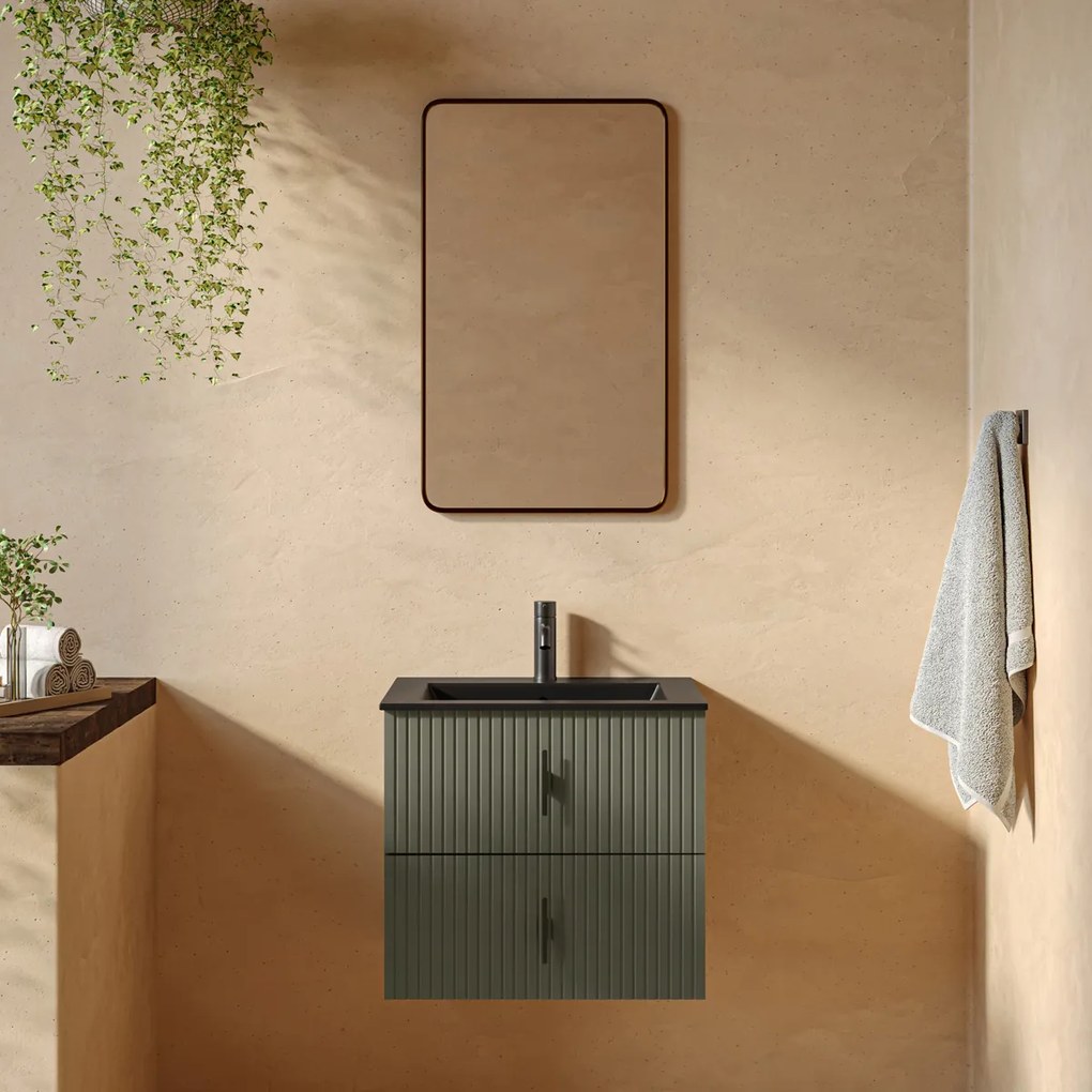 Muebles Marbella badmeubel ribbelfront 60cm legergroen met zwarte wastafel met kraangat