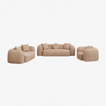 Woonkamerset Met Modulaire 3-zitsbank, 2-zitsbank En Fauteuil In Chenille Coco Chenille Dik Lattebruin - Sklum
