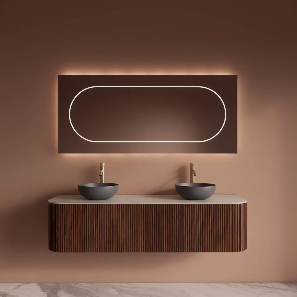 Gliss Design Alluro badmeubel ribbelfront met ronding links/rechts 160cm walnut en wit marmer toppaneel