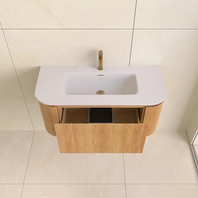 Lambini Designs Eleganza rond badmeubel 100cm acacia met ribbelfront en wastafel met kraangat